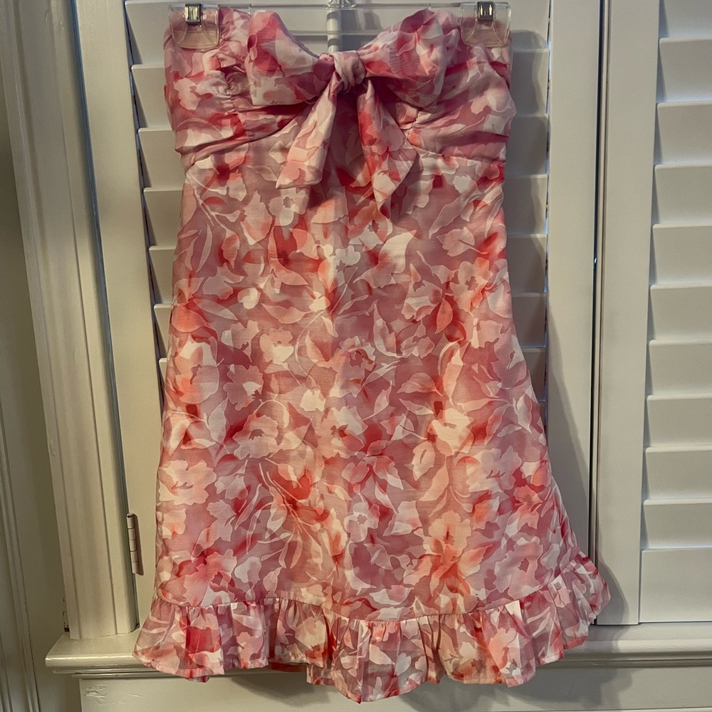 Floral Pink Strapless Dress with Bow